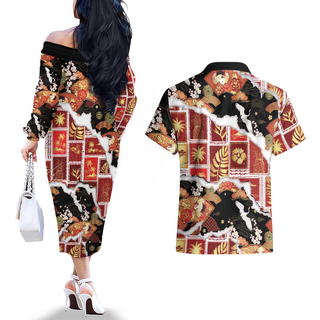 Hawaii Japanese Culture Black Couples Matching Off The Shoulder Long Sleeve Dress and Hawaiian Shirt Spring Cranes Aloha Pattern