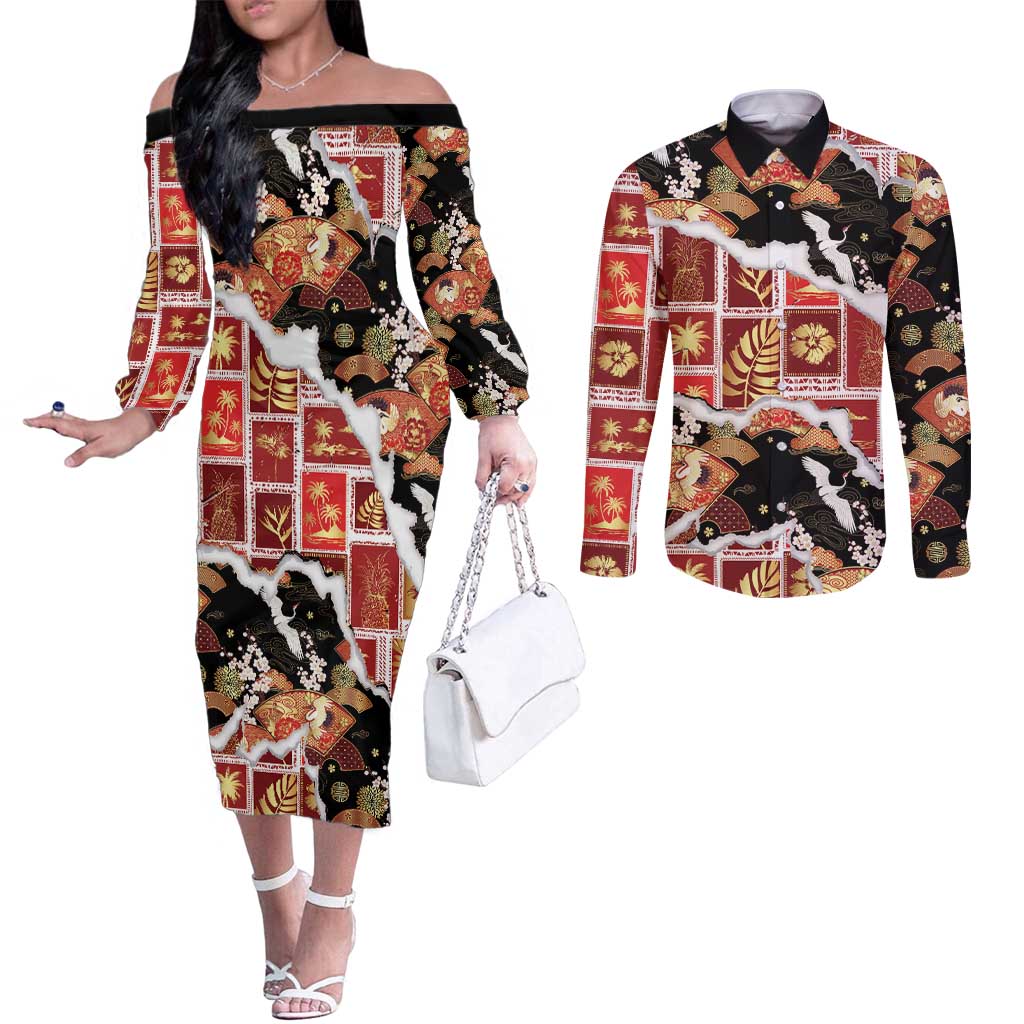 Hawaii Japanese Culture Black Couples Matching Off The Shoulder Long Sleeve Dress and Long Sleeve Button Shirt Spring Cranes Aloha Pattern