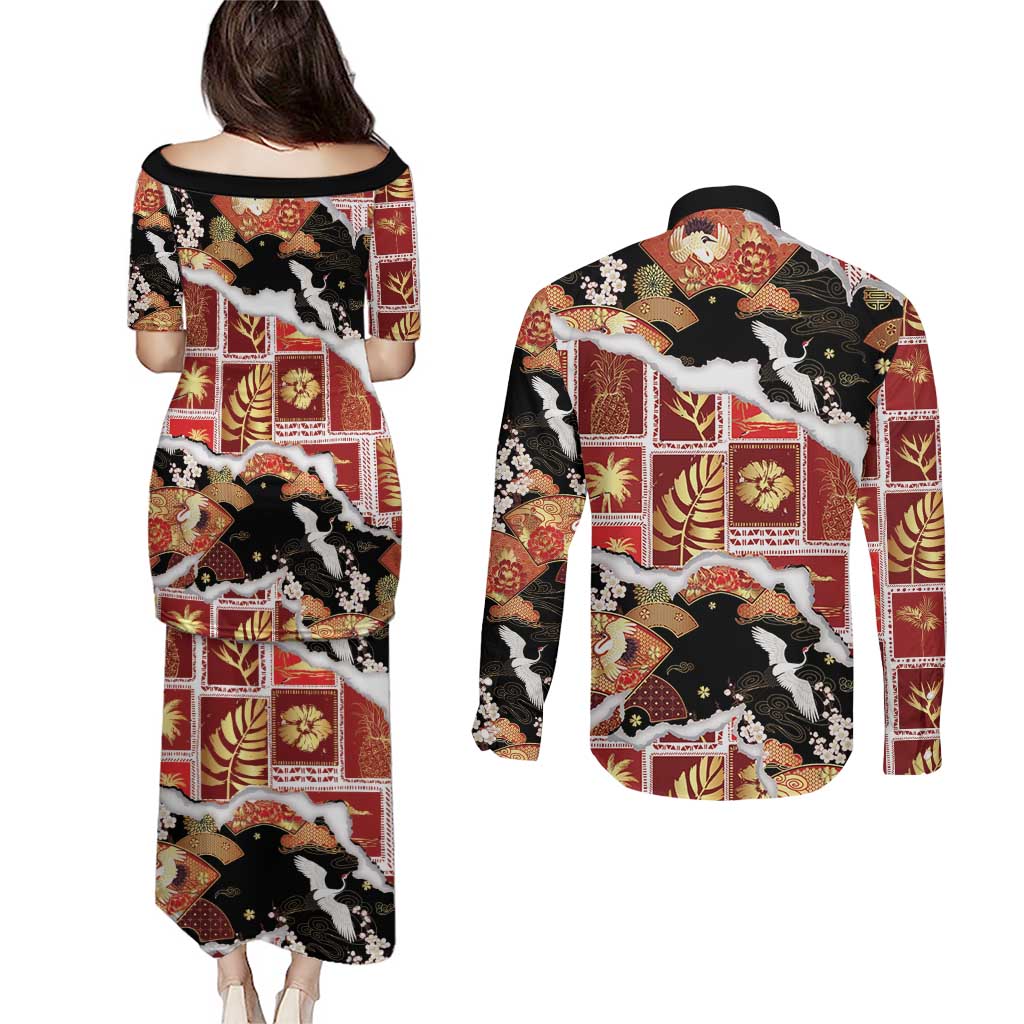 Hawaii Japanese Culture Black Couples Matching Puletasi and Long Sleeve Button Shirt Spring Cranes Aloha Pattern