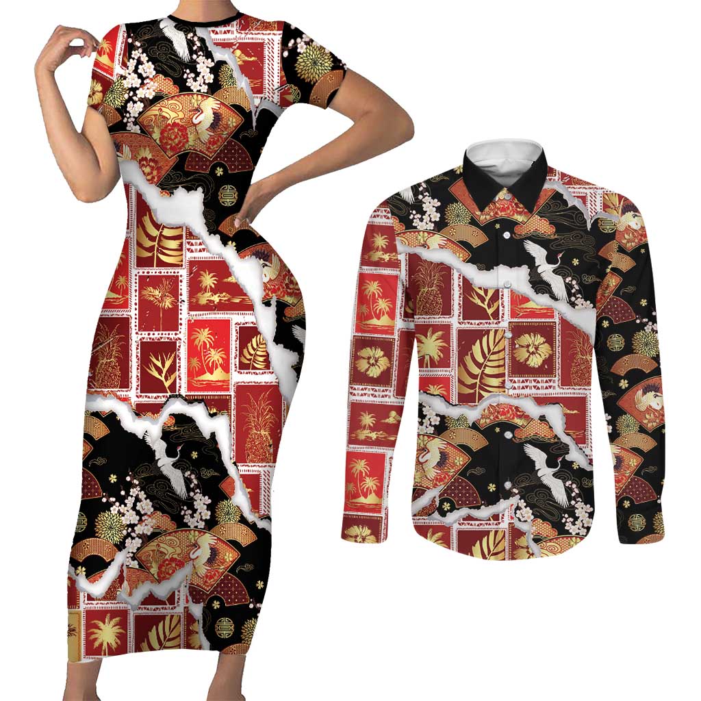 Hawaii Japanese Culture Black Couples Matching Short Sleeve Bodycon Dress and Long Sleeve Button Shirt Spring Cranes Aloha Pattern