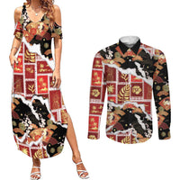 Hawaii Japanese Culture Black Couples Matching Summer Maxi Dress and Long Sleeve Button Shirt Spring Cranes Aloha Pattern