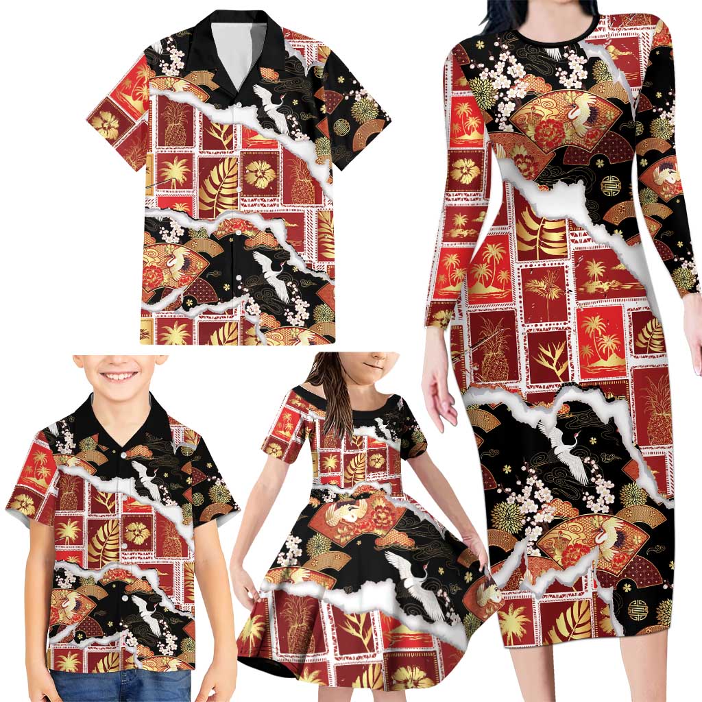 Hawaii Japanese Culture Black Family Matching Long Sleeve Bodycon Dress and Hawaiian Shirt Spring Cranes Aloha Pattern