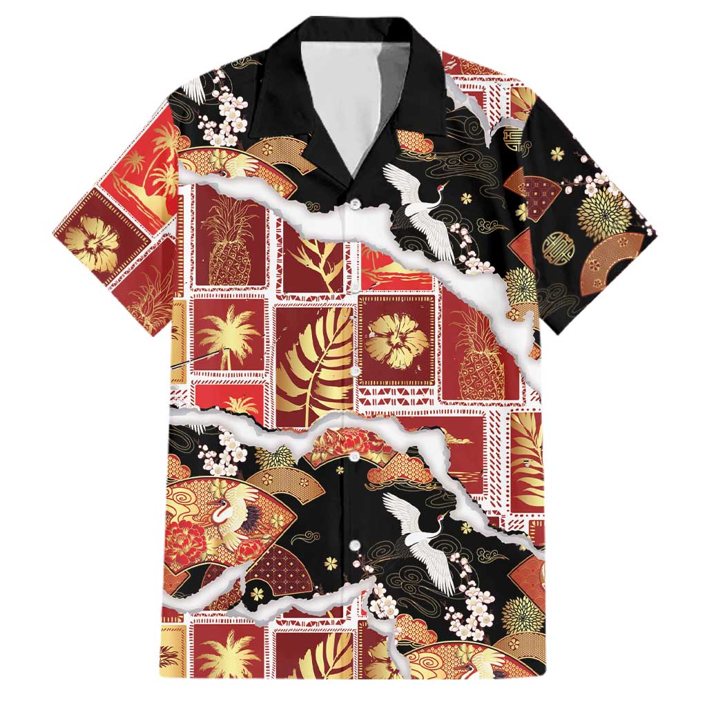 Hawaii Japanese Culture Black Family Matching Long Sleeve Bodycon Dress and Hawaiian Shirt Spring Cranes Aloha Pattern LT01 Dad's Shirt - Short Sleeve Black - Polynesian Pride