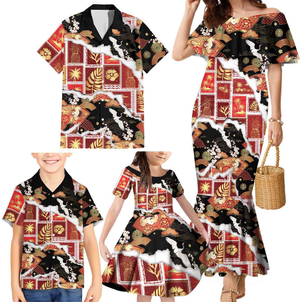 Hawaii Japanese Culture Black Family Matching Mermaid Dress and Hawaiian Shirt Spring Cranes Aloha Pattern
