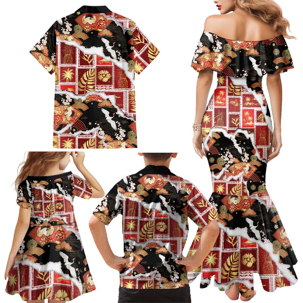Hawaii Japanese Culture Black Family Matching Mermaid Dress and Hawaiian Shirt Spring Cranes Aloha Pattern LT01 - Polynesian Pride