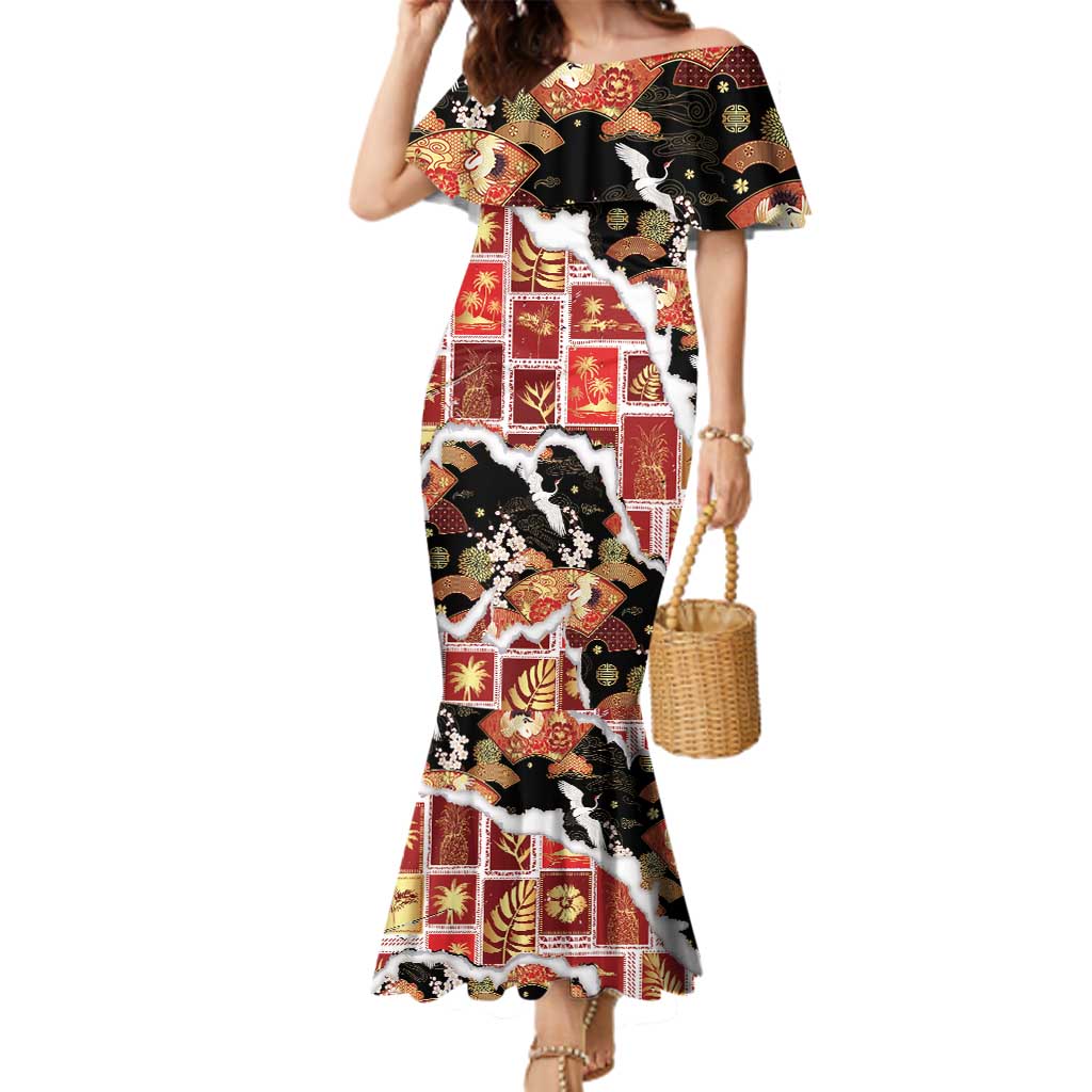 Hawaii Japanese Culture Black Family Matching Mermaid Dress and Hawaiian Shirt Spring Cranes Aloha Pattern LT01 Mom's Dress Black - Polynesian Pride