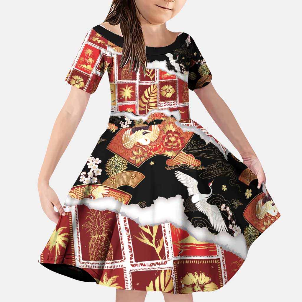 Hawaii Japanese Culture Black Family Matching Off The Shoulder Long Sleeve Dress and Hawaiian Shirt Spring Cranes Aloha Pattern LT01 Daughter's Dress Black - Polynesian Pride