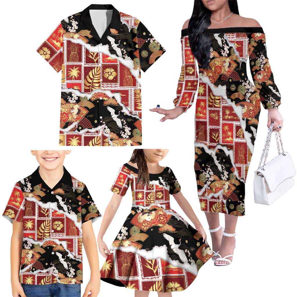Hawaii Japanese Culture Black Family Matching Off The Shoulder Long Sleeve Dress and Hawaiian Shirt Spring Cranes Aloha Pattern