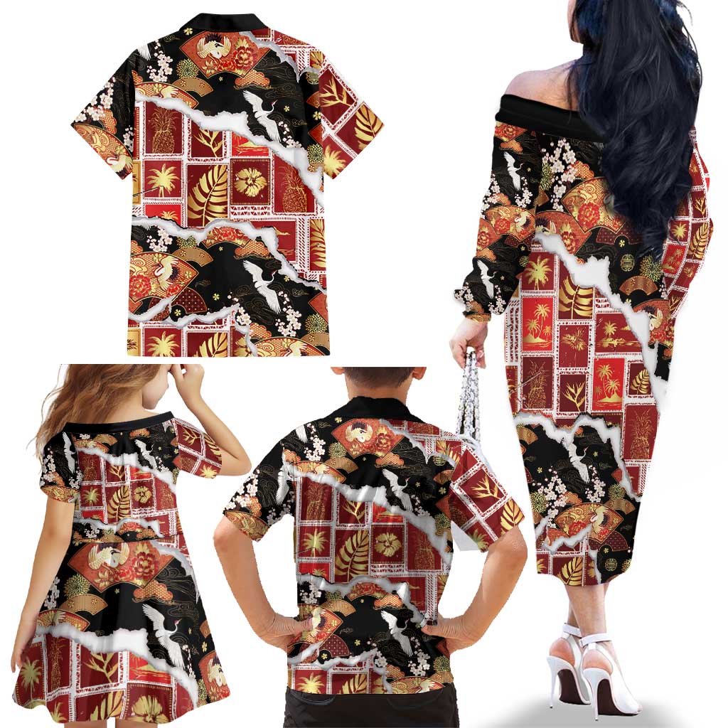 Hawaii Japanese Culture Black Family Matching Off The Shoulder Long Sleeve Dress and Hawaiian Shirt Spring Cranes Aloha Pattern LT01 - Polynesian Pride