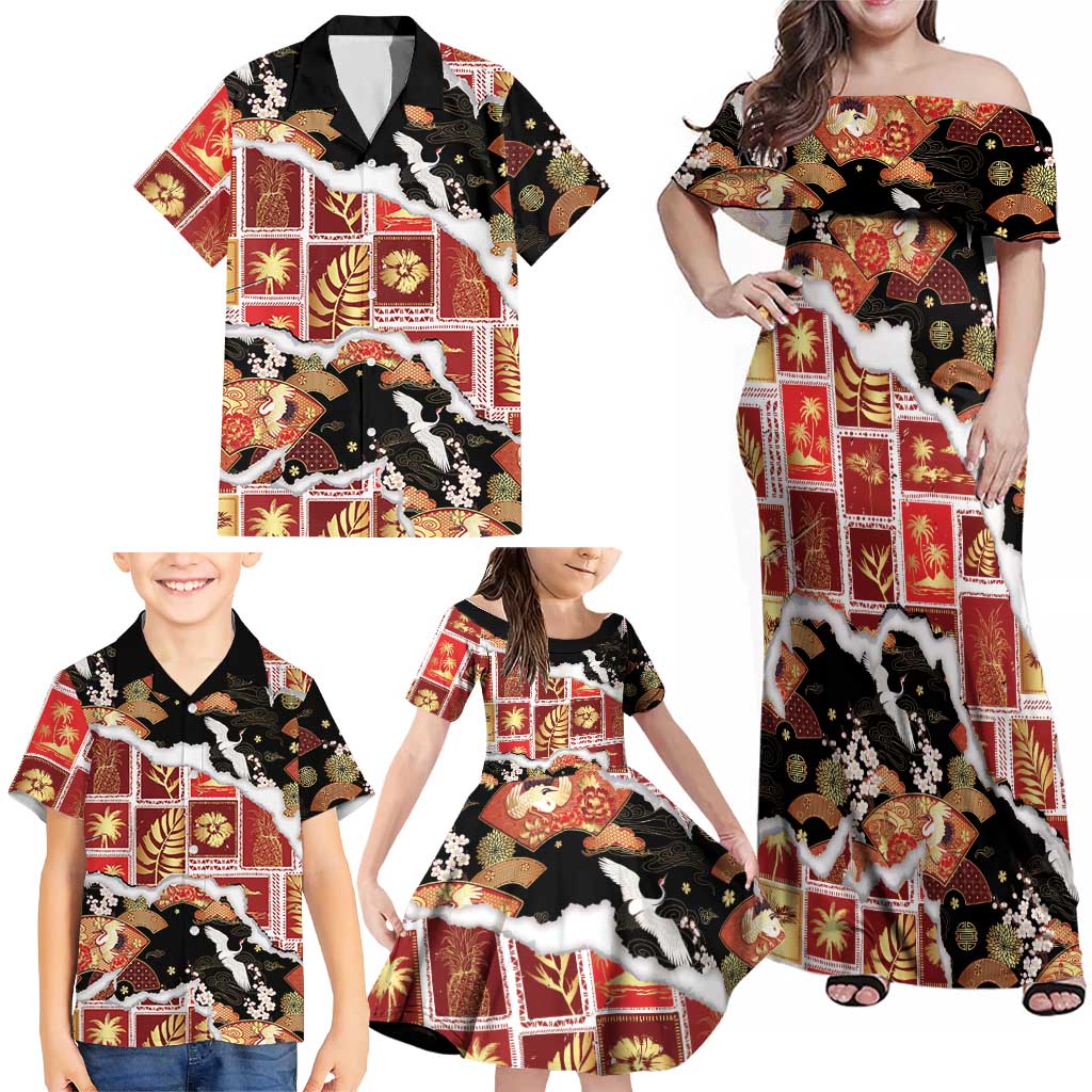 Hawaii Japanese Culture Black Family Matching Off Shoulder Maxi Dress and Hawaiian Shirt Spring Cranes Aloha Pattern