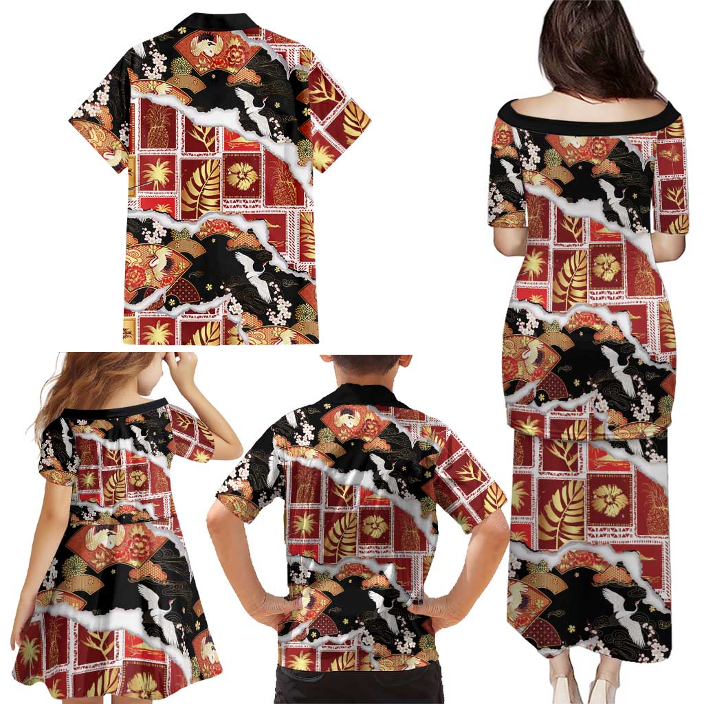 Hawaii Japanese Culture Black Family Matching Puletasi and Hawaiian Shirt Spring Cranes Aloha Pattern