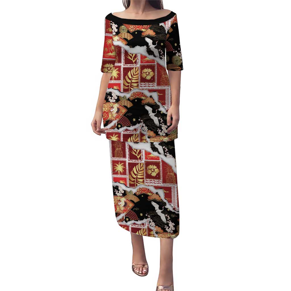 Hawaii Japanese Culture Black Family Matching Puletasi and Hawaiian Shirt Spring Cranes Aloha Pattern