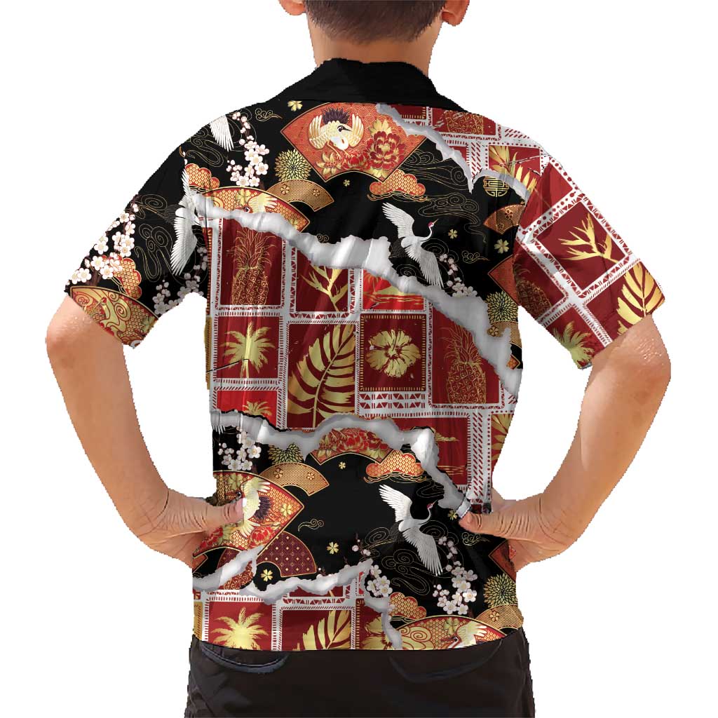 Hawaii Japanese Culture Black Family Matching Short Sleeve Bodycon Dress and Hawaiian Shirt Spring Cranes Aloha Pattern LT01 - Polynesian Pride