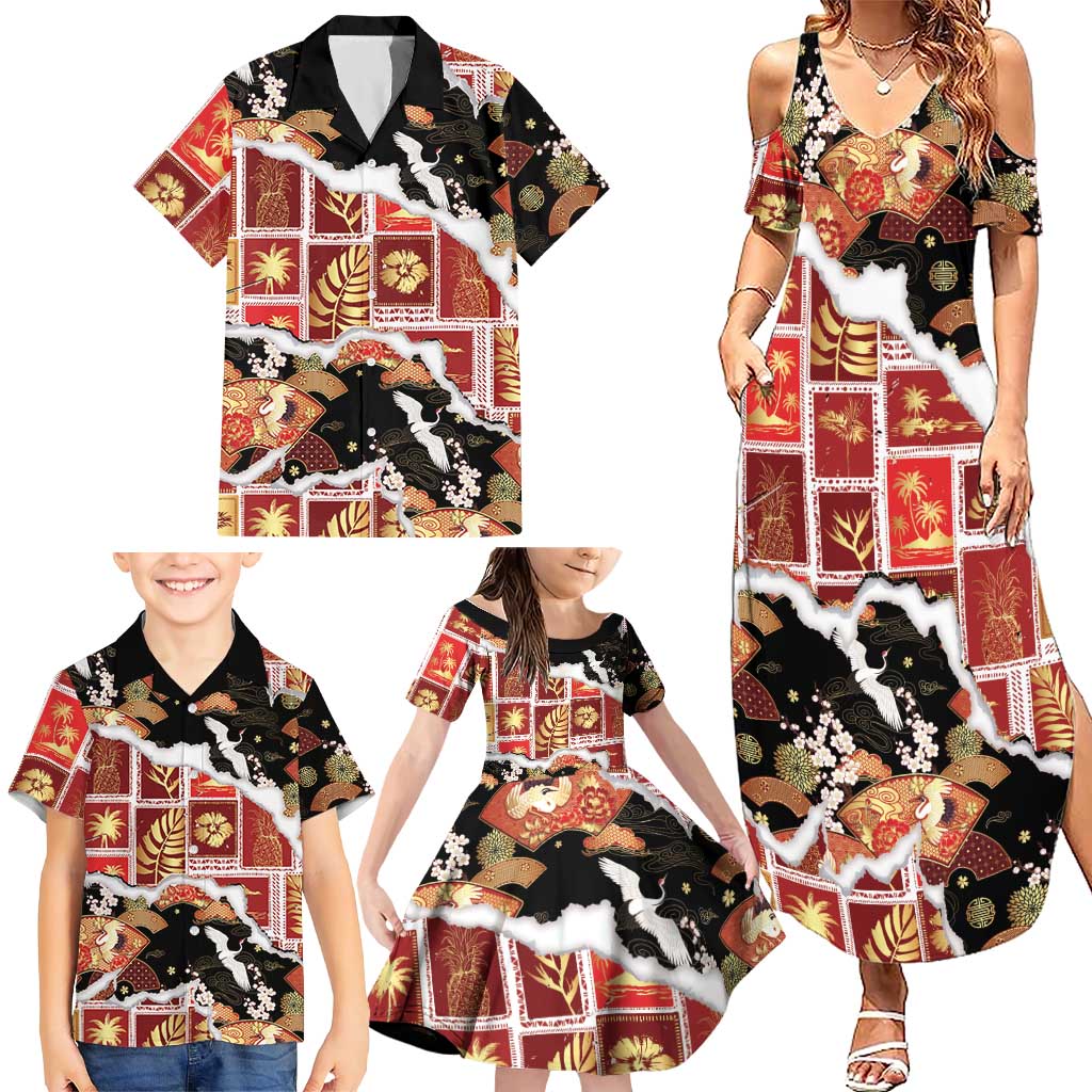 Hawaii Japanese Culture Black Family Matching Summer Maxi Dress and Hawaiian Shirt Spring Cranes Aloha Pattern