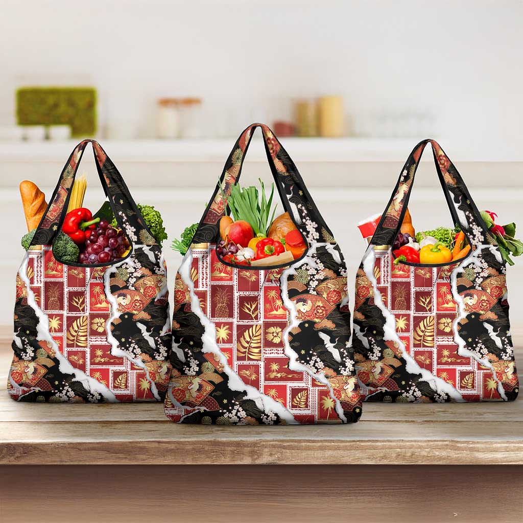 Hawaii Japanese Culture Black Grocery Bag Spring Cranes Aloha Pattern