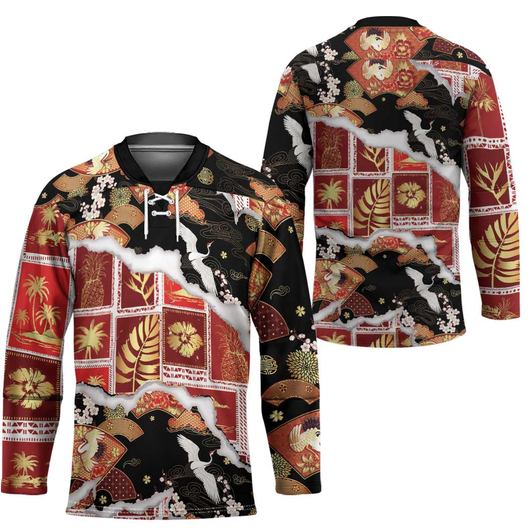 Hawaii Japanese Culture Black Hockey Jersey Spring Cranes Aloha Pattern