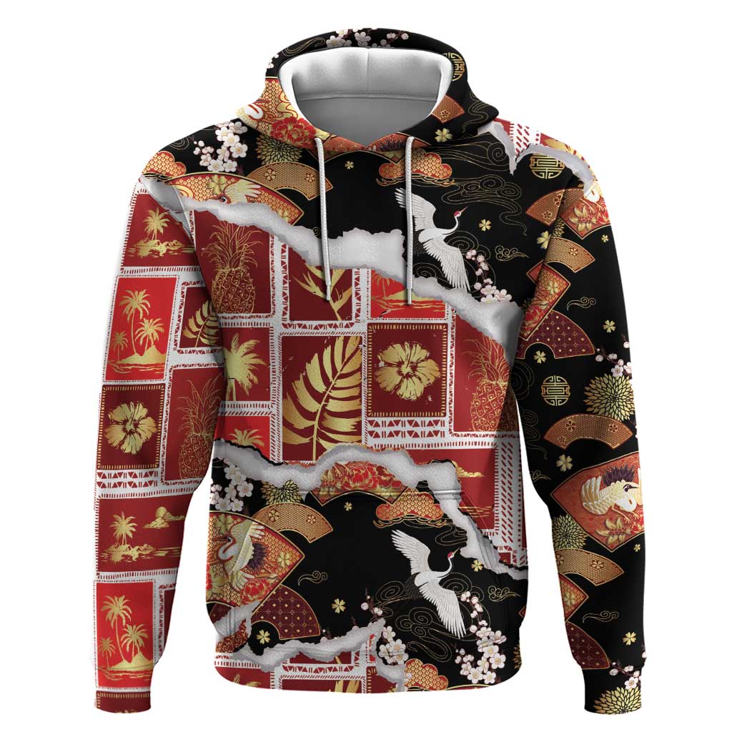 Hawaii Japanese Culture Black Hoodie Spring Cranes Aloha Pattern