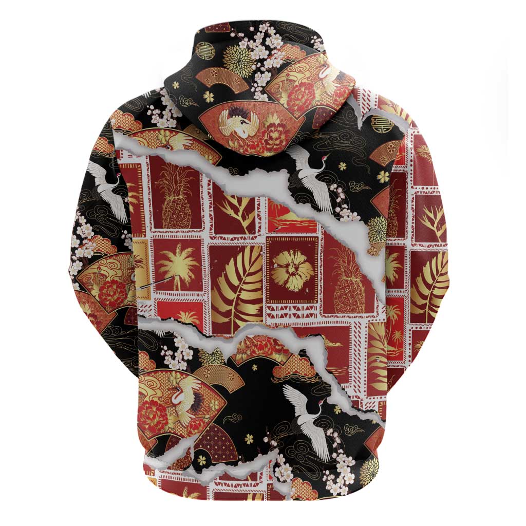 Hawaii Japanese Culture Black Hoodie Spring Cranes Aloha Pattern