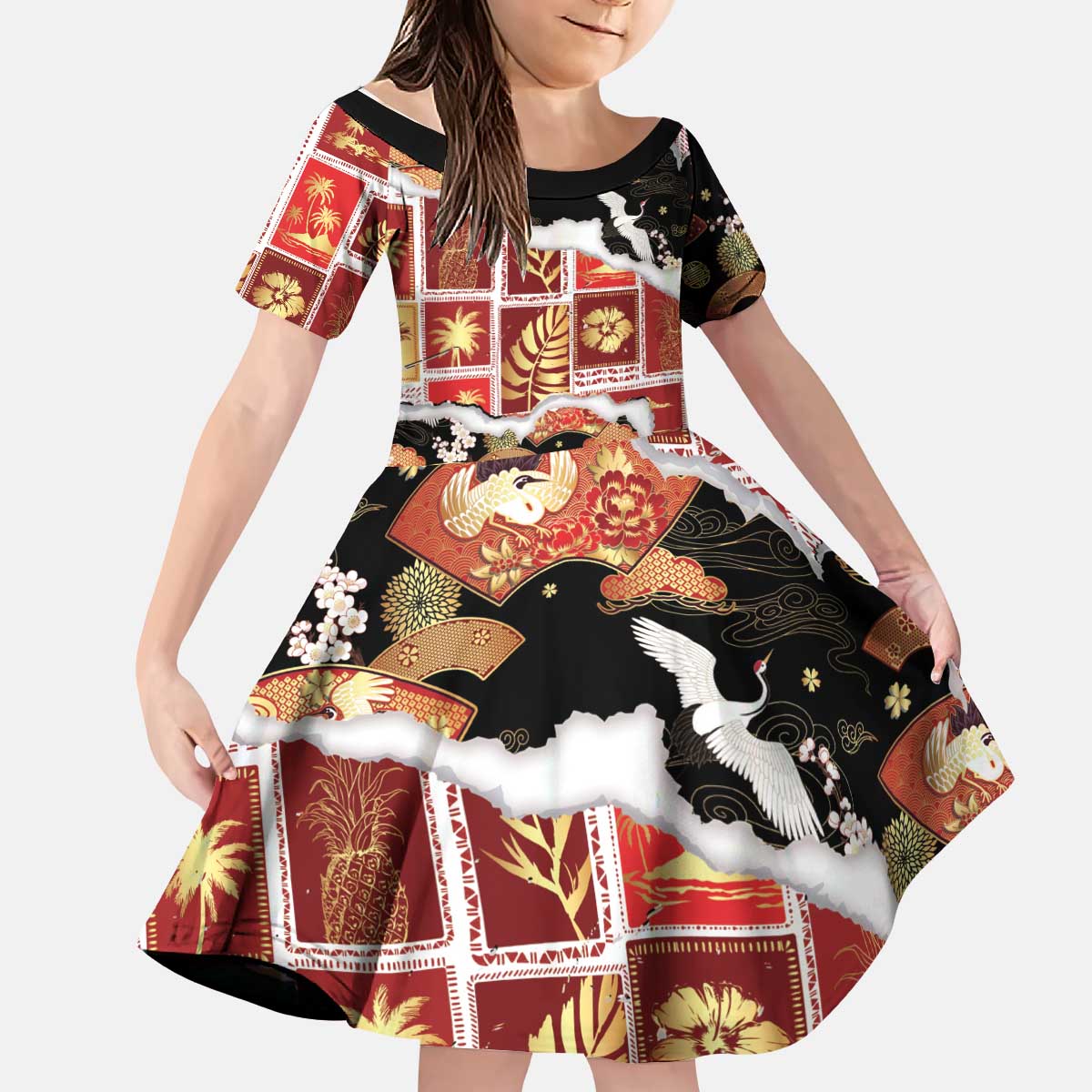 Hawaii Japanese Culture Black Kid Short Sleeve Dress Spring Cranes Aloha Pattern