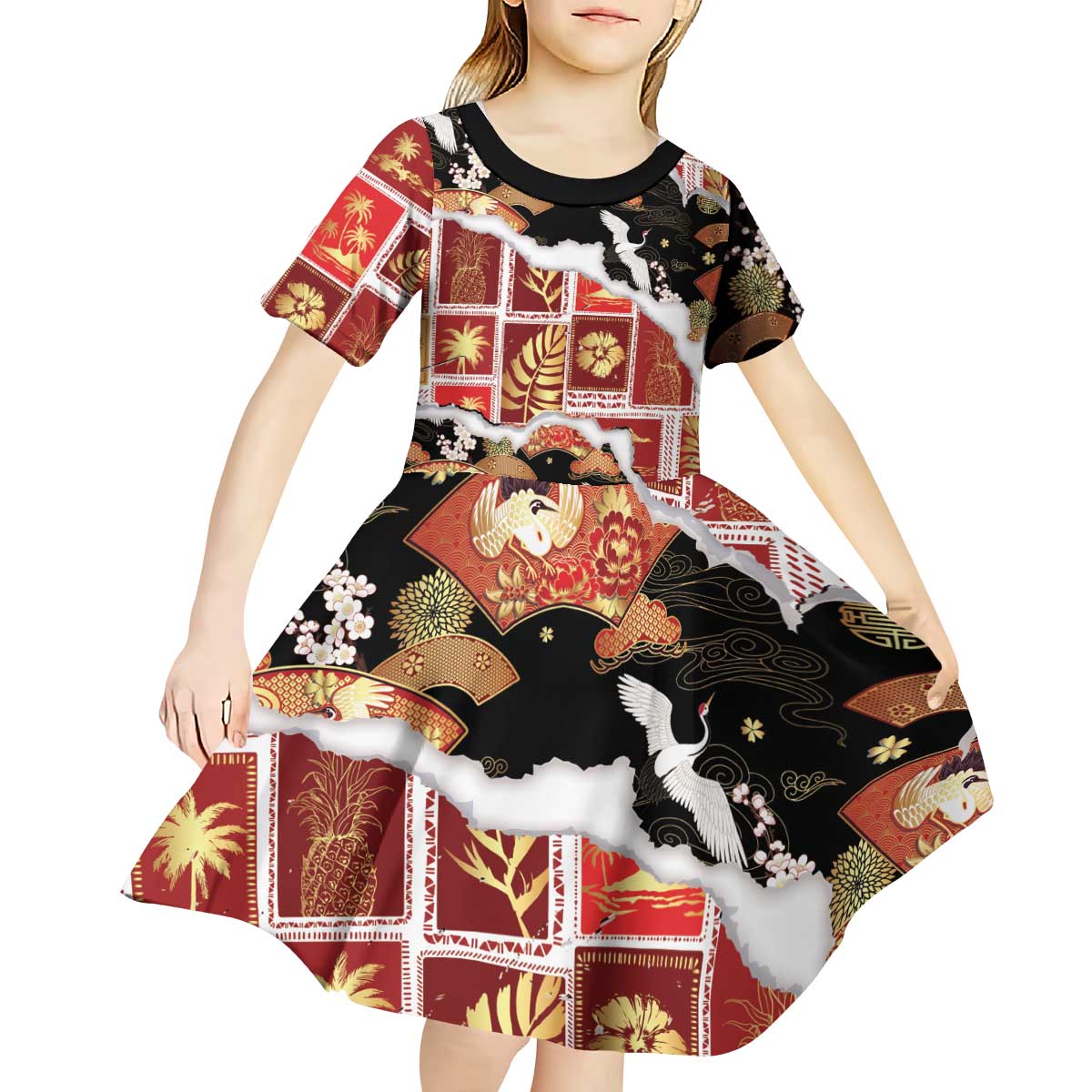 Hawaii Japanese Culture Black Kid Short Sleeve Dress Spring Cranes Aloha Pattern