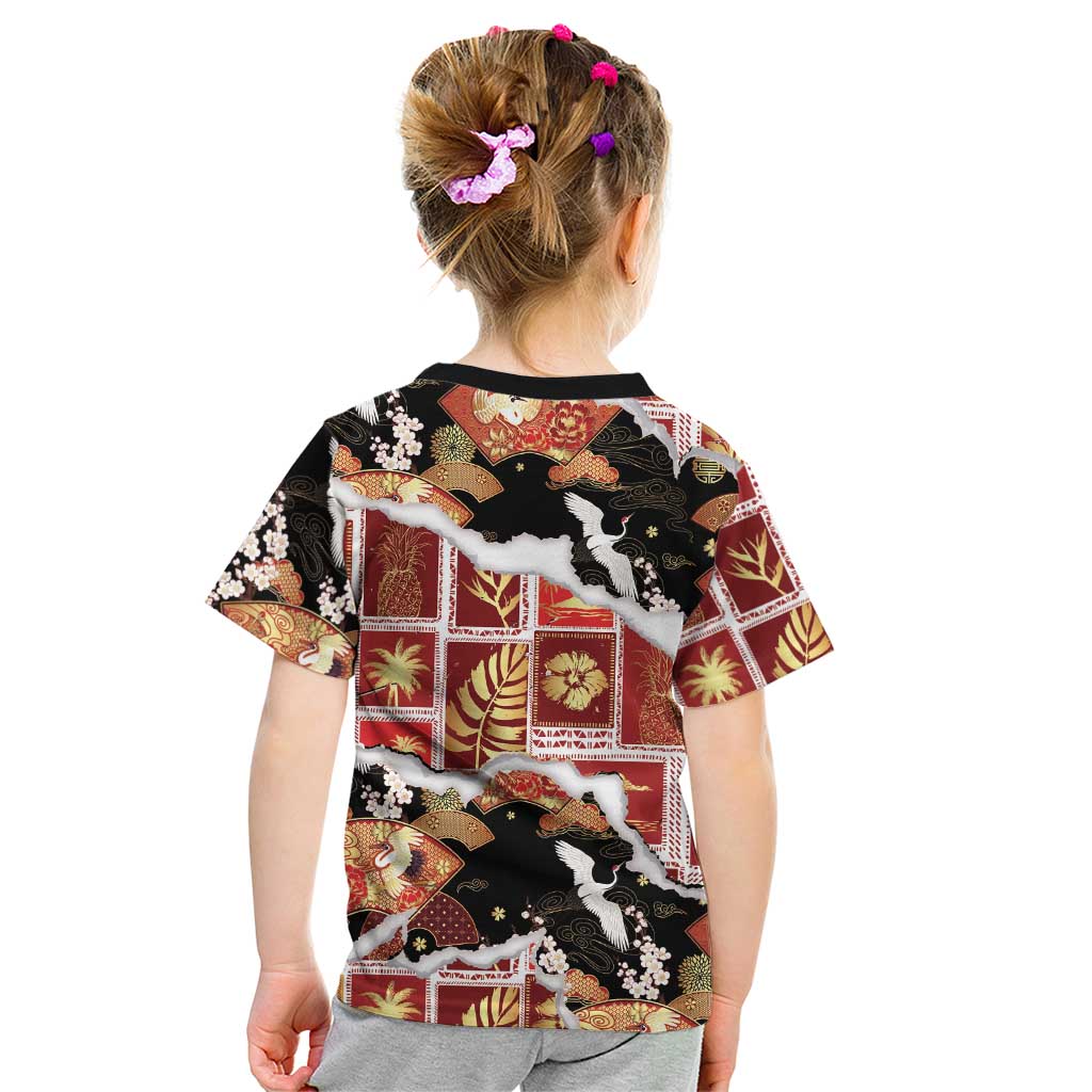 Hawaii Japanese Culture Black Kid T Shirt Spring Cranes Aloha Pattern