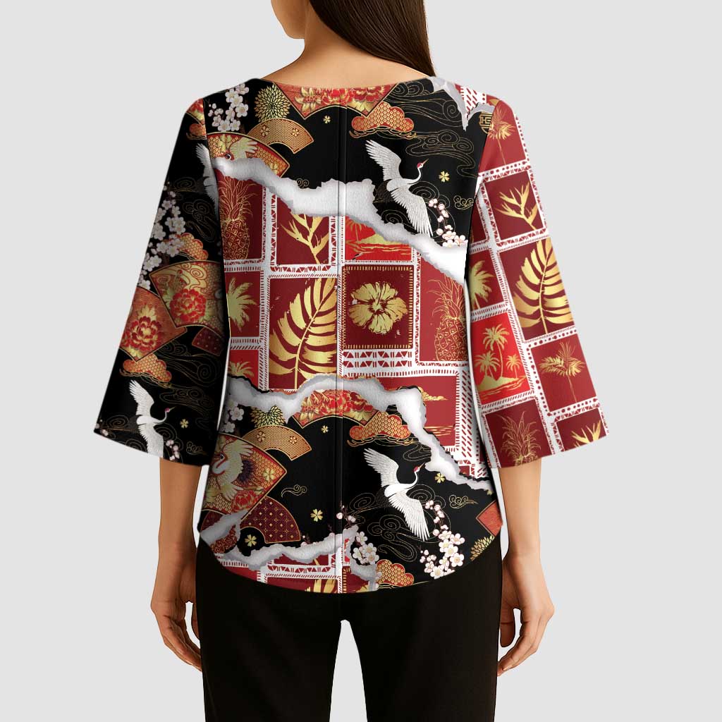 Hawaii Japanese Culture Black Kimono Sleeve Blouse Spring Cranes Aloha Pattern