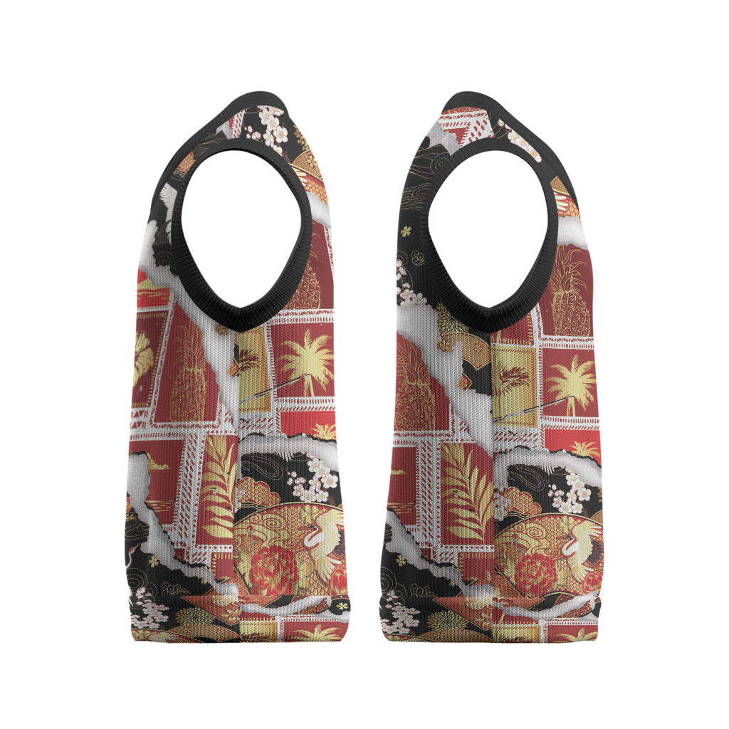Hawaii Japanese Culture Black Christmas Knitted V-Neck Vest Spring Cranes Aloha Pattern LT01 - Polynesian Pride