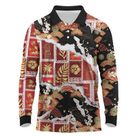 Hawaii Japanese Culture Black Long Sleeve Polo Shirt Spring Cranes Aloha Pattern