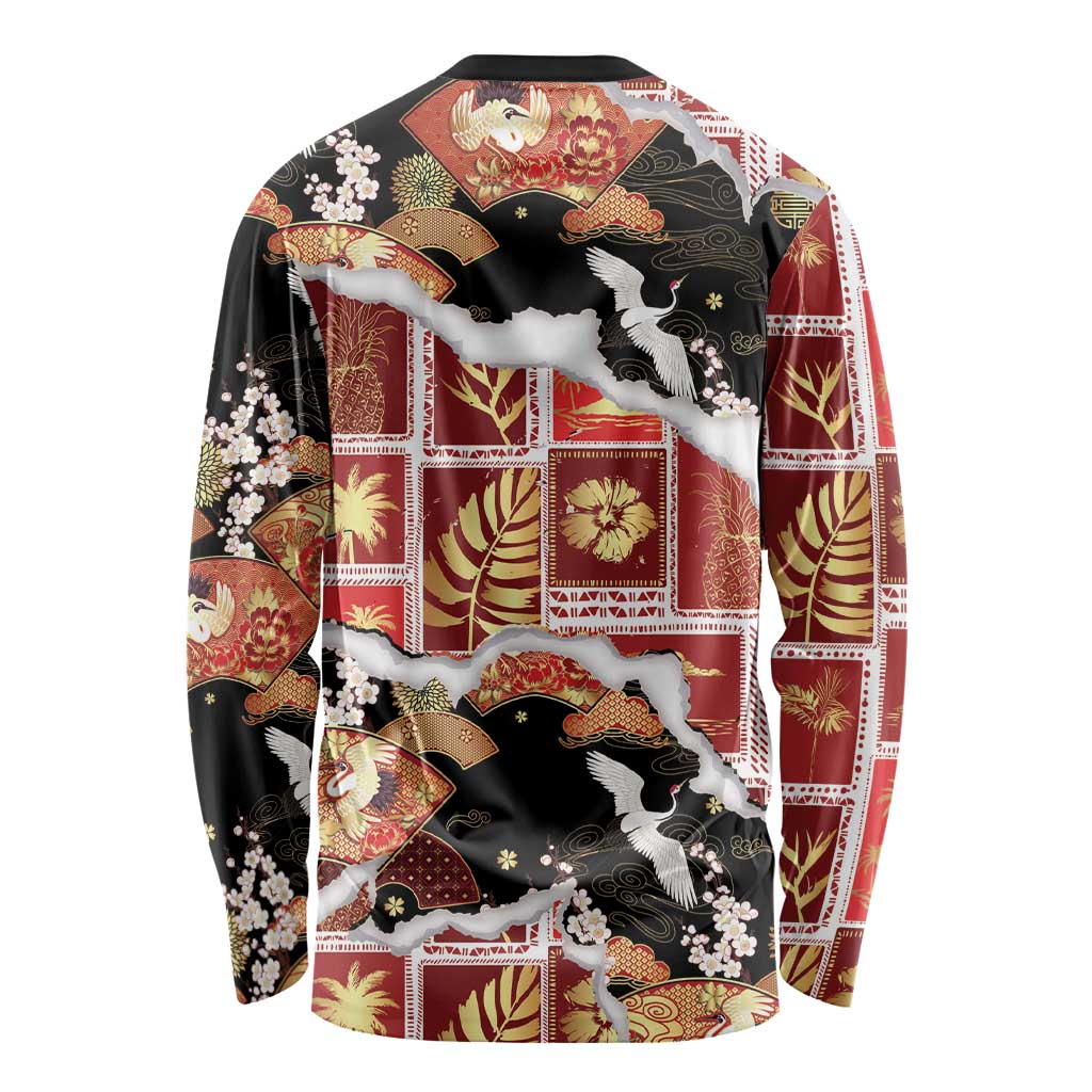 Hawaii Japanese Culture Black Long Sleeve Shirt Spring Cranes Aloha Pattern