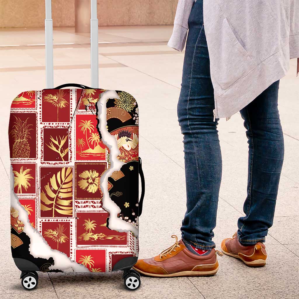 Hawaii Japanese Culture Black Luggage Cover Spring Cranes Aloha Pattern