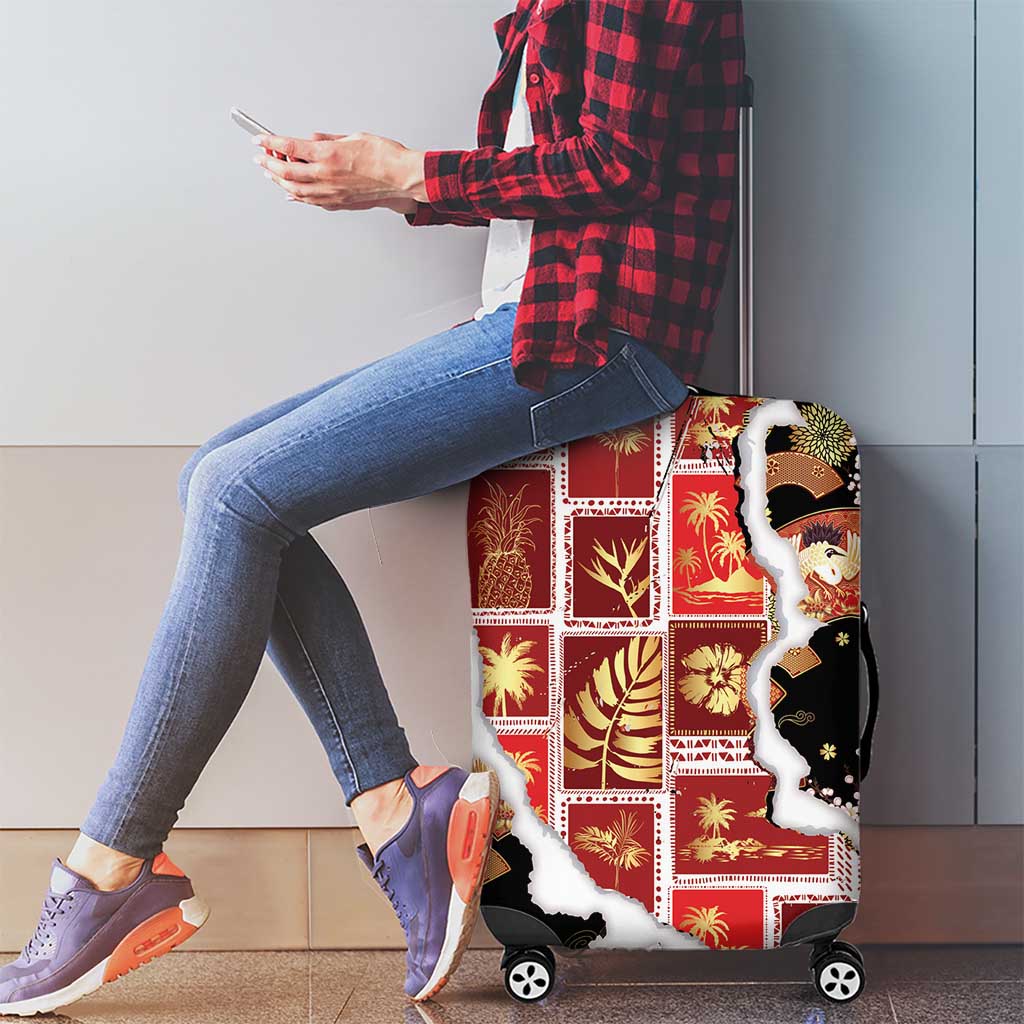 Hawaii Japanese Culture Black Luggage Cover Spring Cranes Aloha Pattern