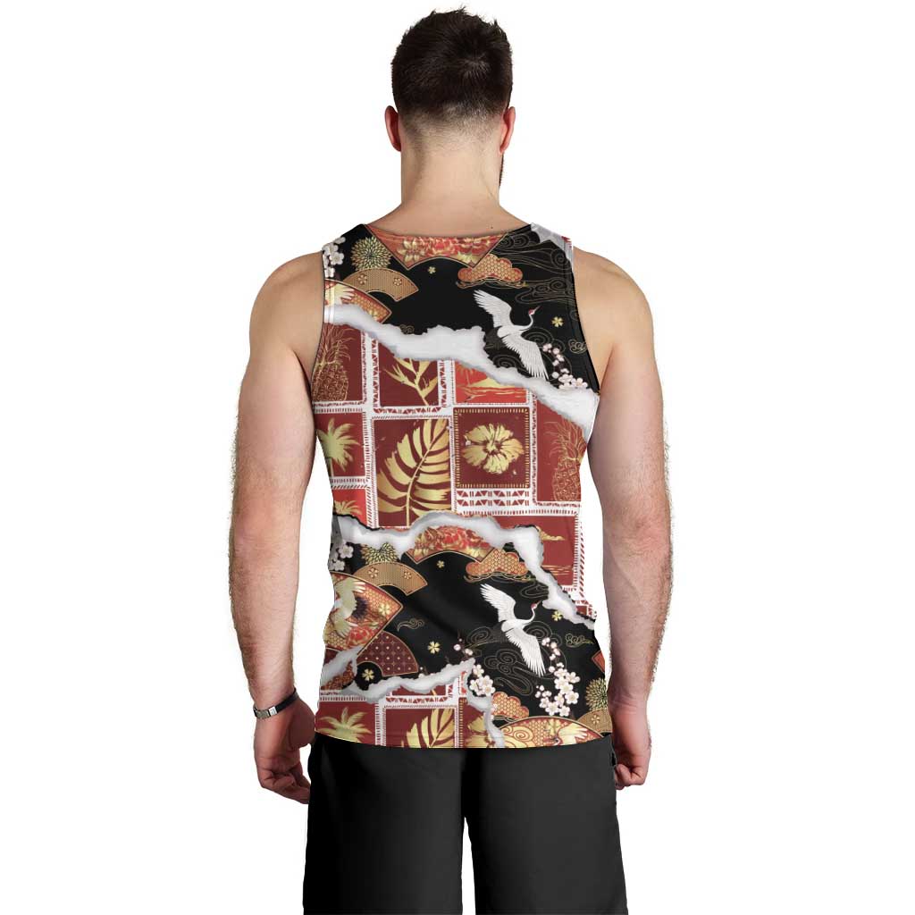 Hawaii Japanese Culture Black Men Tank Top Spring Cranes Aloha Pattern