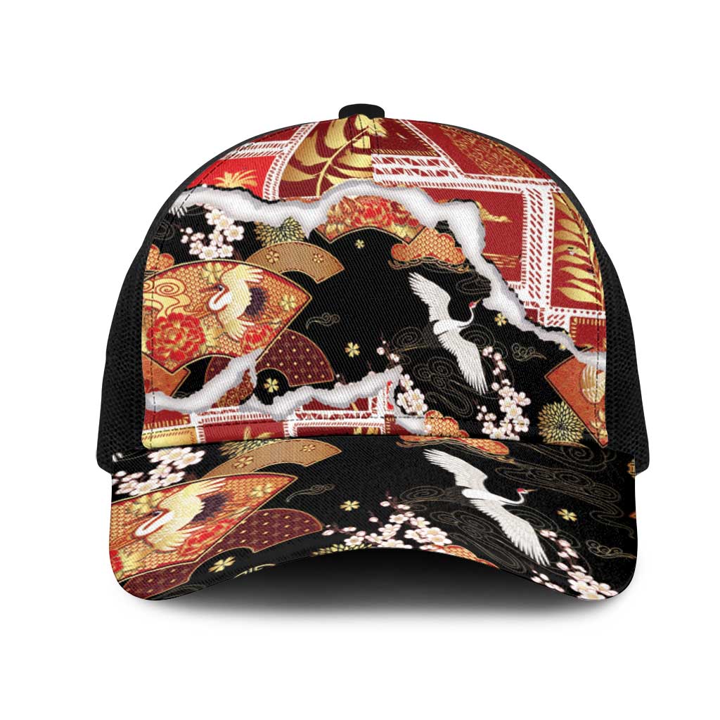 Hawaii Japanese Culture Black Mesh Trucker Cap Spring Cranes Aloha Pattern
