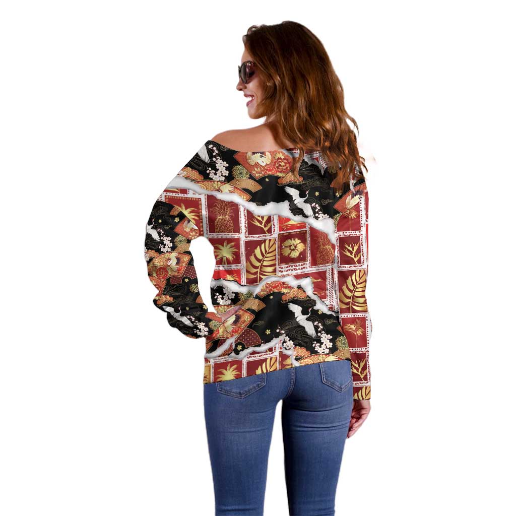Hawaii Japanese Culture Black Off Shoulder Sweater Spring Cranes Aloha Pattern