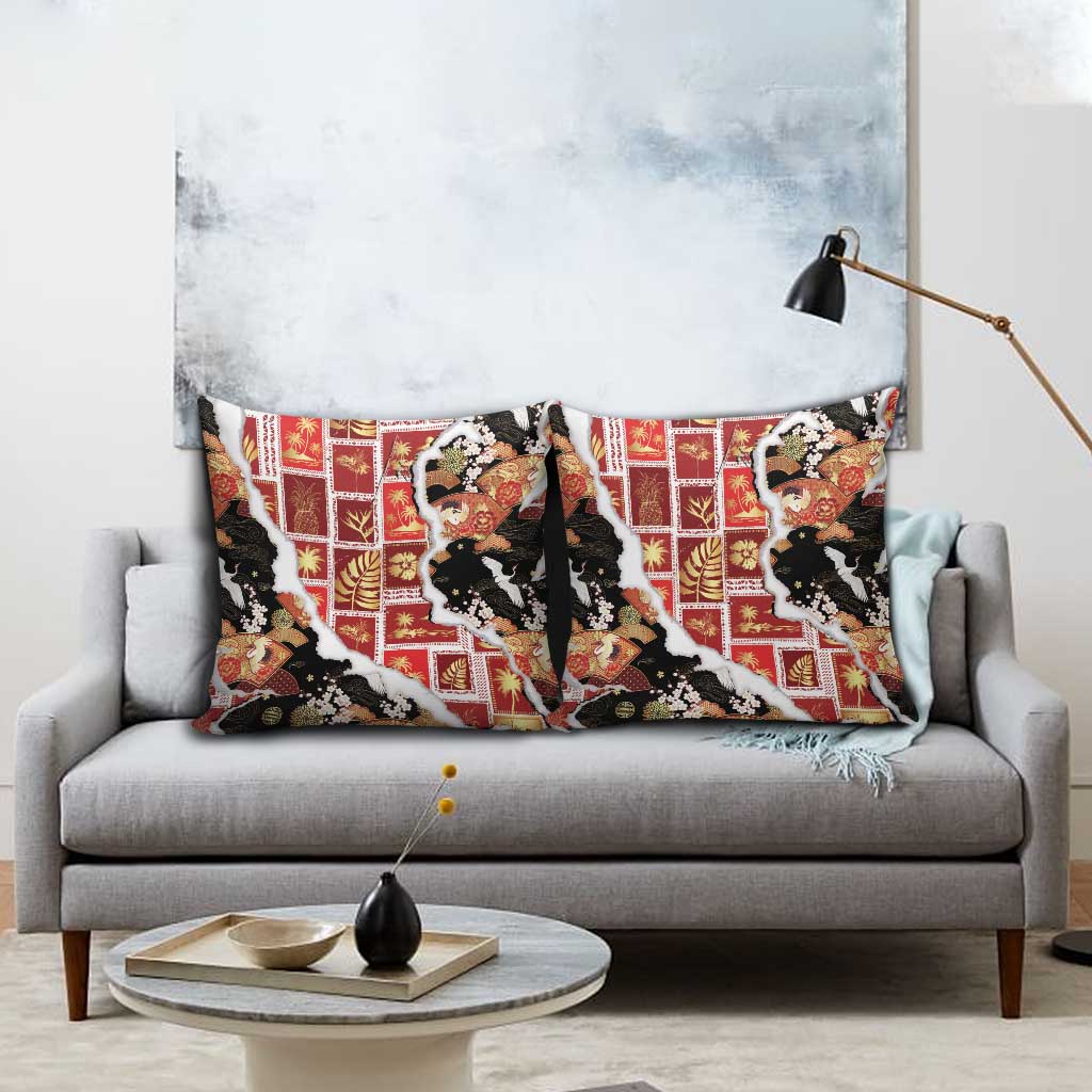 Hawaii Japanese Culture Black Pillow Cover Spring Cranes Aloha Pattern