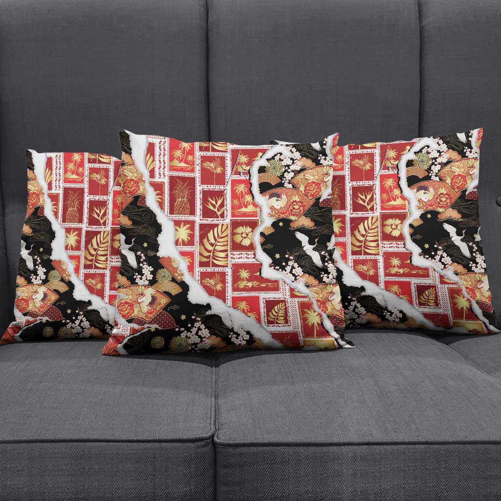 Hawaii Japanese Culture Black Pillow Cover Spring Cranes Aloha Pattern