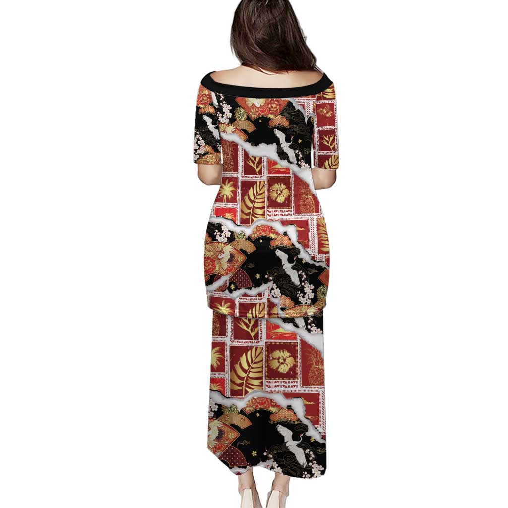 Hawaii Japanese Culture Black Puletasi Spring Cranes Aloha Pattern