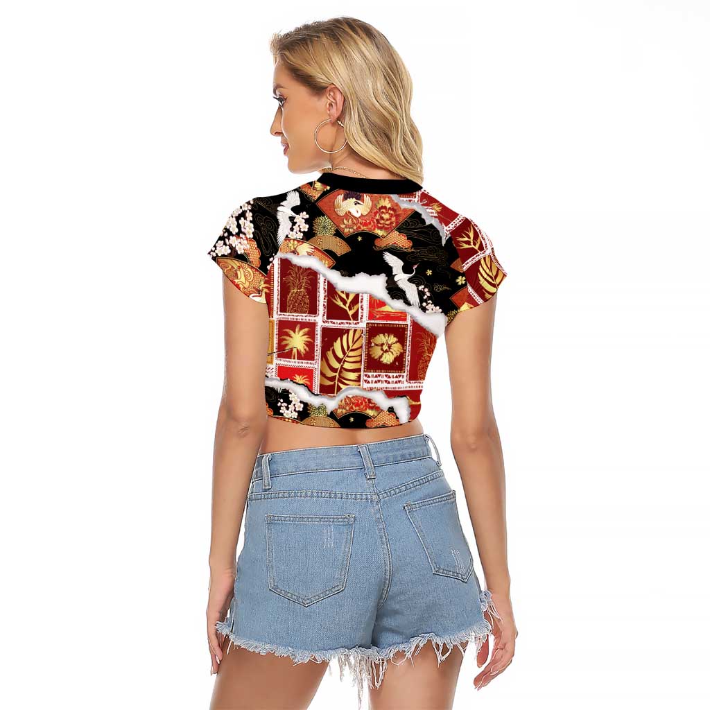 Hawaii Japanese Culture Black Raglan Cropped T Shirt Spring Cranes Aloha Pattern