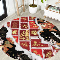 Hawaii Japanese Culture Black Round Carpet Spring Cranes Aloha Pattern