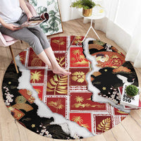 Hawaii Japanese Culture Black Round Carpet Spring Cranes Aloha Pattern