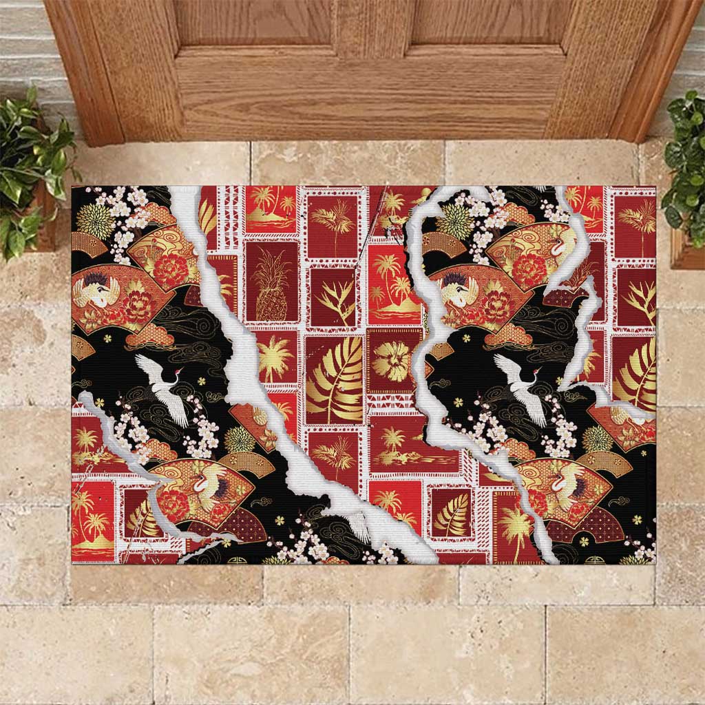 Hawaii Japanese Culture Black Rubber Doormat Spring Cranes Aloha Pattern
