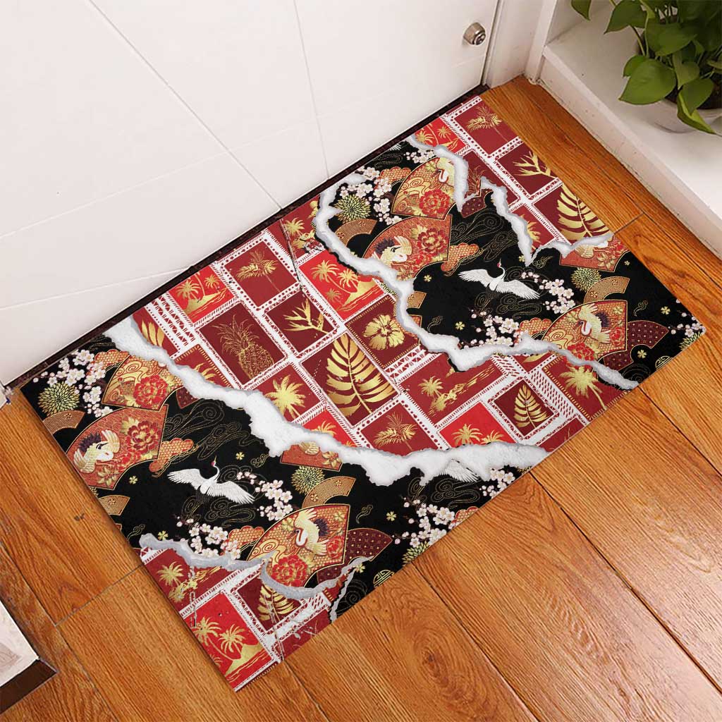 Hawaii Japanese Culture Black Rubber Doormat Spring Cranes Aloha Pattern