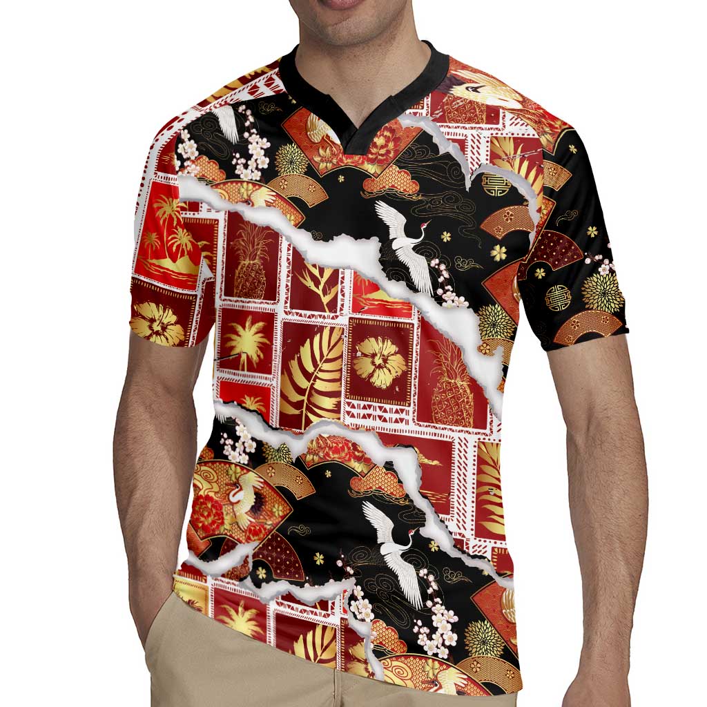 Hawaii Japanese Culture Black Rugby Jersey Spring Cranes Aloha Pattern