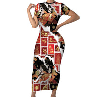 Hawaii Japanese Culture Black Short Sleeve Bodycon Dress Spring Cranes Aloha Pattern