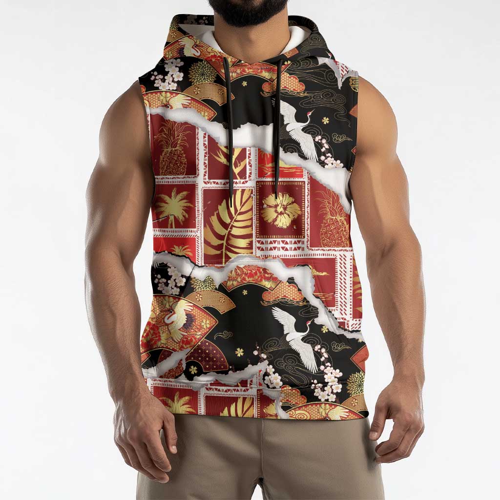 Hawaii Japanese Culture Black Sleeveless Hoodie Spring Cranes Aloha Pattern