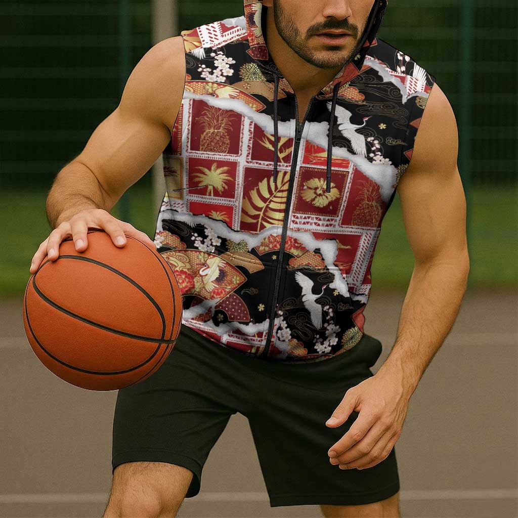 Hawaii Japanese Culture Black Sleeveless Zip Hoodie Spring Cranes Aloha Pattern