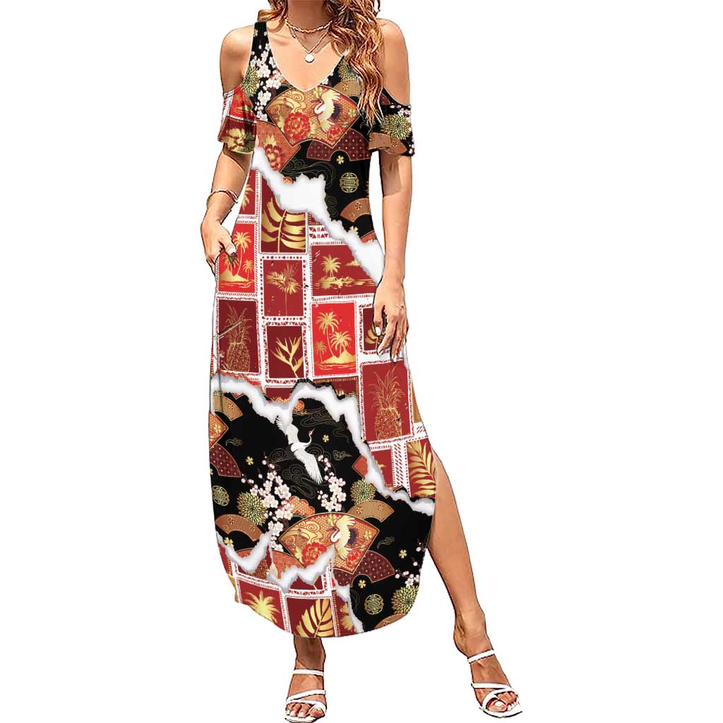 Hawaii Japanese Culture Black Summer Maxi Dress Spring Cranes Aloha Pattern