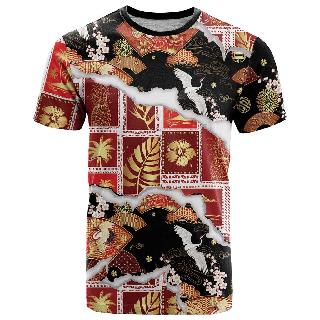 Hawaii Japanese Culture Black T Shirt Spring Cranes Aloha Pattern