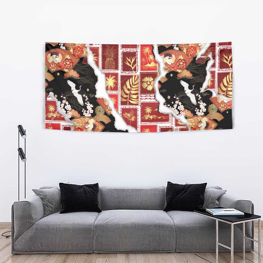 Hawaii Japanese Culture Black Tapestry Spring Cranes Aloha Pattern