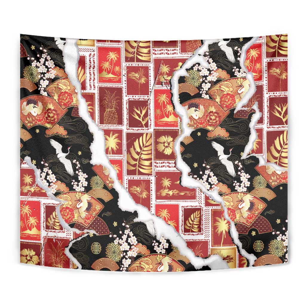 Hawaii Japanese Culture Black Tapestry Spring Cranes Aloha Pattern